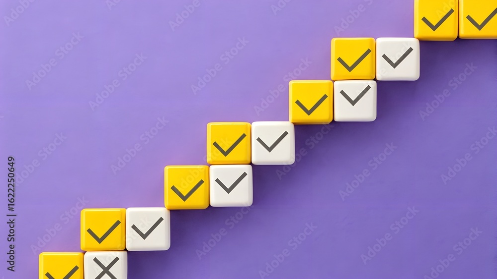 Poster stacked cubes with check marks arranged diagonally on purple background. symbolizing progress tracki