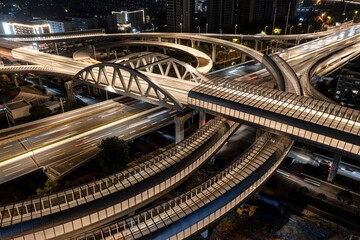 Illuminated Urban Highway Interchange at Night
