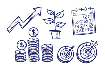 Financial Growth Symbols: A hand-drawn sketch highlights the concepts of finance and success, featuring growing plants, financial goals, and coin stacks symbolizing financial growth. 