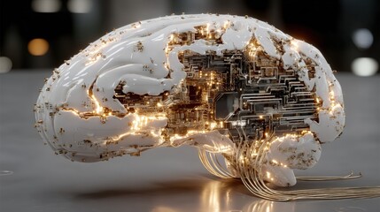 Side view of a stylized, white brain rendered as a machine with circuitry, highlighted with golden lights.