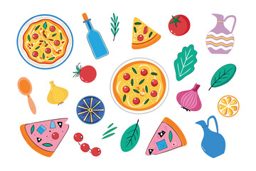 Pizza Party: A vibrant illustration of various pizzas alongside fresh ingredients and culinary items, a mouth-watering and visually appealing design.