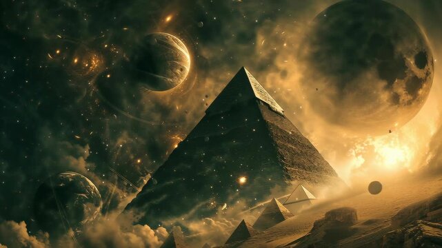 A pyramid of wisdom, surrounded by planets. Eternal temple of wisdom, esoteric, hermetic and cabal fantasy concept.