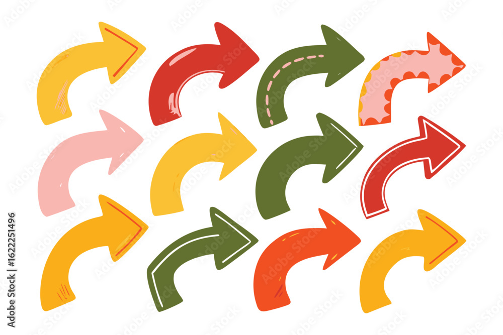 Poster direction and guidance: an array of stylized arrows in vibrant hues pointing the way forward, perfec