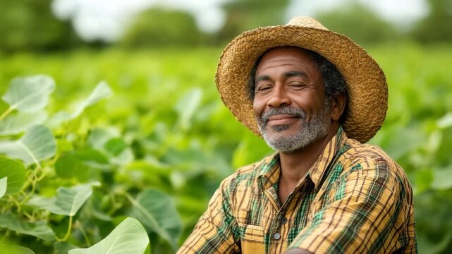 Smiling farmer mature man with straw hat and plaid shirt lush green field, adult male enjoying agriculture, crop and plant, outdoor rural lifestyle, content expression, farming, countryside