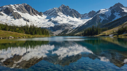Crystal Clear Alpine Lake Reflecting Snow-Capped Mountains and Blue Sky
