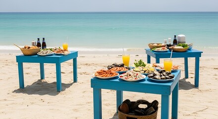 Beachside seafood feast: tables laden with shellfish, salads, and drinks, overlooking a turquoise ocean.