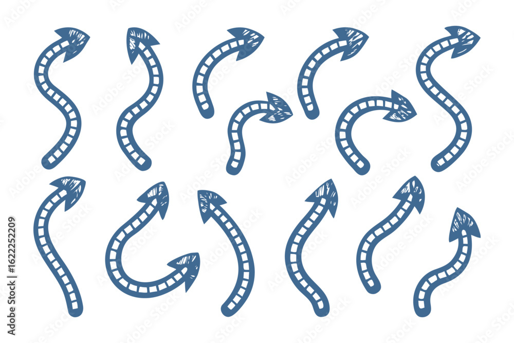 Poster animated arrow elements in blue: a collection of stylized blue animated arrows, elegantly pointing i
