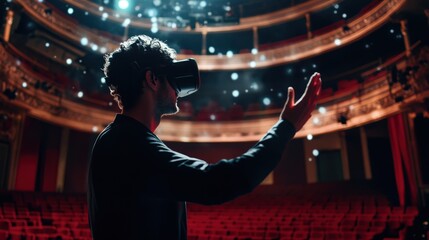 Person wearing virtual reality headset in a theater.