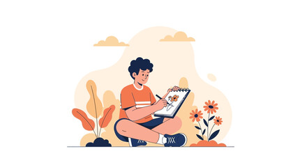 Boy Enjoying Outdoor Hobby Drawing Beautiful Flowers In Sketchbook Illustration