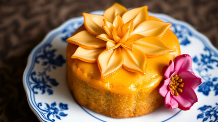 Elegant Caramel Flower Cake on Classic Blue-patterned Porcelain