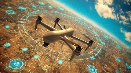 Advanced military drones fly over desert urban areas with real-time surveillance data overlaid.
