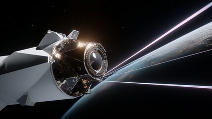 Close-up image of a new satellite in orbit with Earth in the background and a data transmission beam.