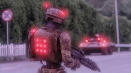 AI-controlled robotic soldier unit patrolling a secure military installation, red sensor lights glowing
