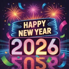Neon Happy New Year 2026 Celebration Graphic