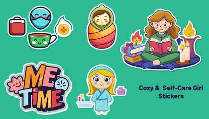 Collection of Cute and Colorful Stickers Featuring Self Care Activities and Relaxing Moments on a Teal Background