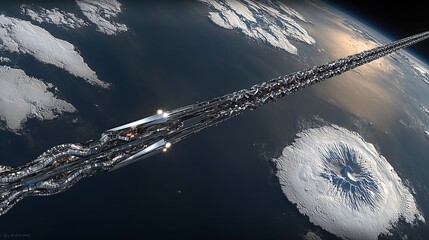 Futuristic space elevator stretching from Earth to orbit, ultra-detailed structure, glowing atmosphere, sci-fi concept art
