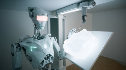 Intelligent robotic assistant with holographic projector, minimal white environment, advanced AI design