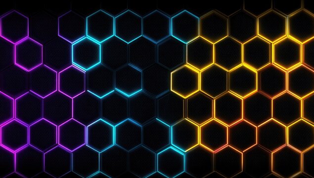 Colorful glowing hexagon pattern on dark background