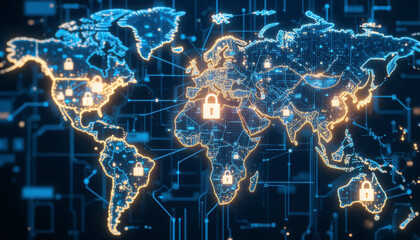 A glowing digital world map interconnected with lines and padlock icons, symbolizing global cyber security and protected networks worldwide