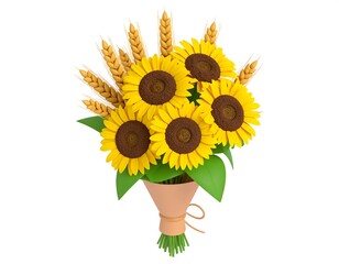 Obraz premium A bouquet of sunflowers and wheat stalks, tied with twine, on a white background