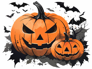 halloween pumpkins and bats vector illustration