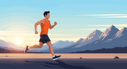 Fototapeta premium Man jogging at sunrise, majestic mountains backdrop, healthy lifestyle.