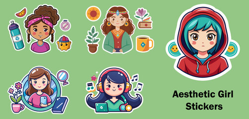 Collection of Cute and Trendy Aesthetic Girl Stickers with Different Styles on a Light Green Background
