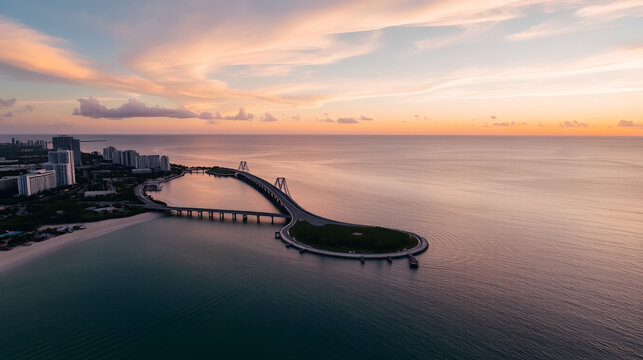 Aerial sunset view of McArthur causeway, Dodge Island near Miami South Beach - Powered by Adobe