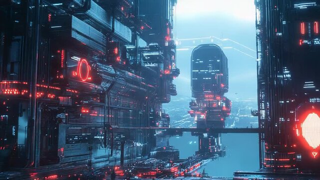 Futuristic buildings generating red neon light in sci fi city