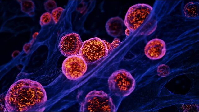Microscopestyle view of bright glowing particles streaming from lymph nodes into surrounding tissues depicting immune system overactivation.