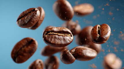 Obraz premium Coffee beans floating in mid-air against a blue background with particles of coffee dust