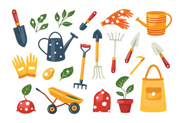 Gardening Tools Illustration: A vibrant array of gardening tools, each ready to assist in the nurturing of a flourishing outdoor space. Including, watering can, trowel, rake.