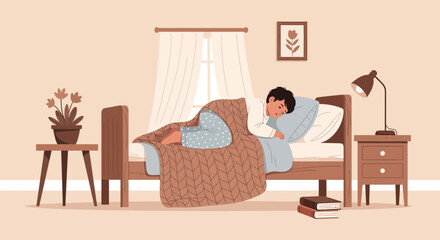 Boy Peacefully Dreaming At Night In Bed In A Cozy Bedroom Interior
