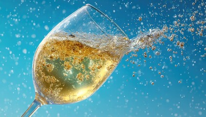 Sparkling wine glass with splashing effervescence against a vibrant blue sky