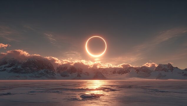 Solar eclipse over icy mountains - Powered by Adobe