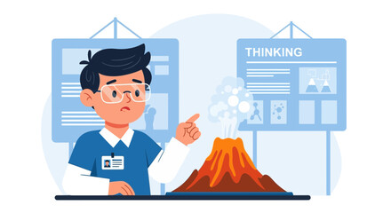 Boy Showing Volcano Model During School Science Fair Presentation Vector