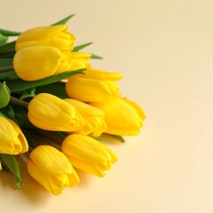 Obraz premium A bouquet of yellow tulips rests on a pale background