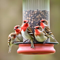 Group of little birds perching on a bird feeder