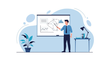 Fototapeta premium Business Presentation With A Man Explaining Data On Whiteboard In The Office