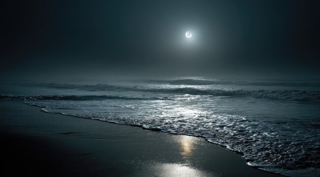 Misty night beach scene under a full moon