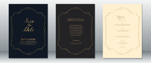 Classic wedding invitation set featuring elegant gold frames on black and beige backgrounds. Includes Save the Date, Invitation, and Menu templates with vintage flourishes and refined typography.