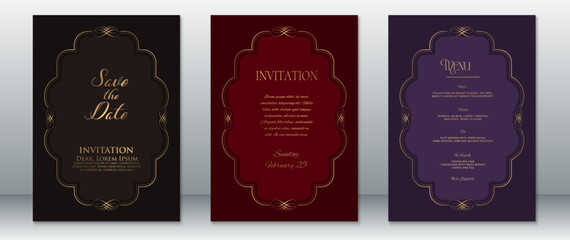 Elegant wedding invitation set featuring ornate gold frames on luxurious black, deep red, and royal purple backgrounds. Includes Save the Date, Invitation, and Menu templates design.