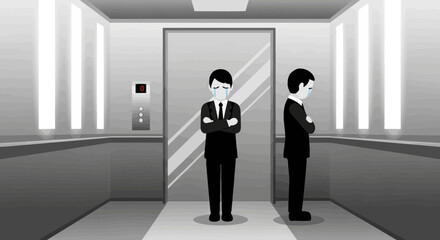 Fototapeta premium Businessmen Feel Regret In The Elevator Due To Crisis Or Failures