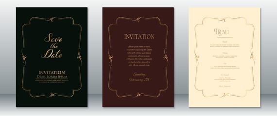 Elegant wedding invitation set featuring intricate gold frames on deep black, rich brown, and soft beige backgrounds. Includes Save the Date, Invitation, and Menu templates.