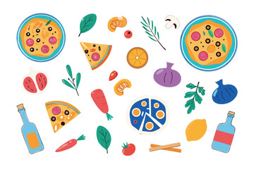 Pizza and its components: A vibrant flat lay showcasing a variety of pizzas and their fresh ingredients in a delicious and appetizing display. 