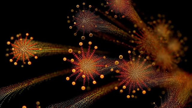 Abstract visualization of molecular dots in cytoplasm erupting into radiant starburst waves simulating cAMP signal amplification.