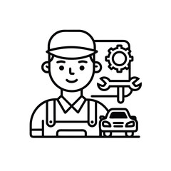Car mechanic with tools and vehicle icon 
A friendly mechanic character is depicted with a car, gear, and wrench, representing automotive repair and service.