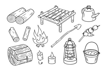 Camping Essentials Sketch: A detailed illustration of camping equipment, perfect for conveying the rustic charm and practical elements of outdoor adventures. 