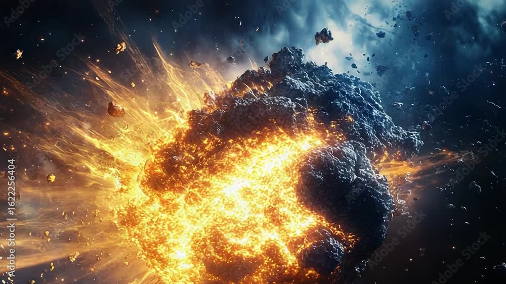 Poster asteroid exploding in deep space with debris flying around