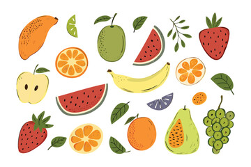 Colorful Fruit Assortment: A vibrant assortment of fresh, hand-drawn fruits, perfect for illustrating healthy eating and culinary themes.  